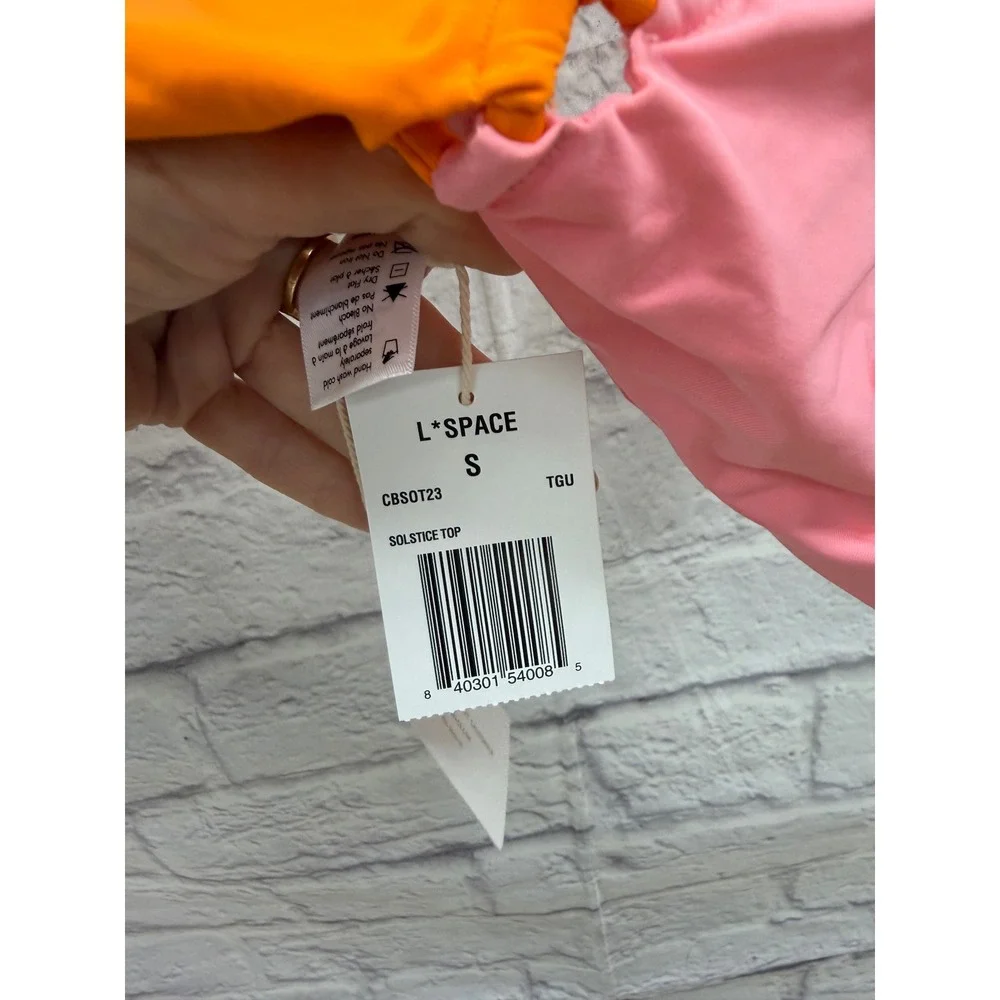 L*Space Solstice Bikini Top Orange Pink Colorblock Ruched Swim Sz S NWT's Beach